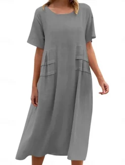 Clearance Women's Midi Dress Cotton Linen Dresses Casual Dress Summer Dress Classic Modern Daily Weekend Regular Fit Plain Short Sleeve Crew Neck Black Yellow Pink Royal Blue Summer Women Dresses