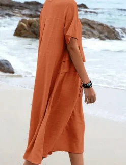 Clearance Women's Midi Dress Cotton Linen Dresses Casual Dress Summer Dress Classic Modern Daily Weekend Regular Fit Plain Short Sleeve Crew Neck Black Yellow Pink Royal Blue Summer Women Dresses