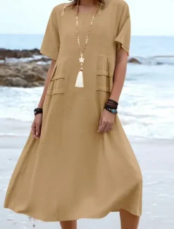 Clearance Women's Midi Dress Cotton Linen Dresses Casual Dress Summer Dress Classic Modern Daily Weekend Regular Fit Plain Short Sleeve Crew Neck Black Yellow Pink Royal Blue Summer Women Dresses
