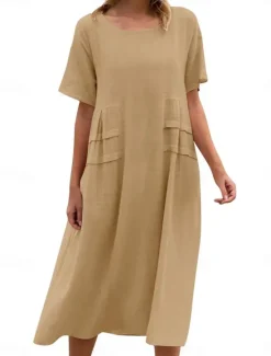 Clearance Women's Midi Dress Cotton Linen Dresses Casual Dress Summer Dress Classic Modern Daily Weekend Regular Fit Plain Short Sleeve Crew Neck Black Yellow Pink Royal Blue Summer Women Dresses