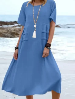 Clearance Women's Midi Dress Cotton Linen Dresses Casual Dress Summer Dress Classic Modern Daily Weekend Regular Fit Plain Short Sleeve Crew Neck Black Yellow Pink Royal Blue Summer Women Dresses