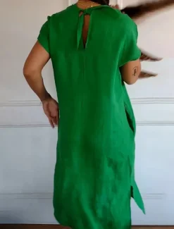 Outlet Women's Midi Dress Cotton Linen Dresses Casual Dress Basic Casual Vacation Daily Regular Fit Solid Color Short Sleeve V Neck Black Green Summer Women Dresses