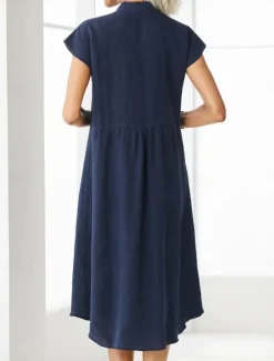 Sale Women's Midi Dress Cotton Linen Dresses Casual Dress Cotton Maxi Dress Basic Casual Vacation Daily Regular Fit Plain Short Sleeve Notched Neck White Navy Blue Summer Women Dresses