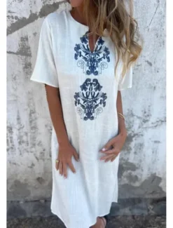 Online Women's Midi Dress Cotton Linen Dress Fashion Basic Daily Going out Beach Regular Fit Flower Short Sleeve V Neck White Yellow Pink Wine Summer Women White Dresses