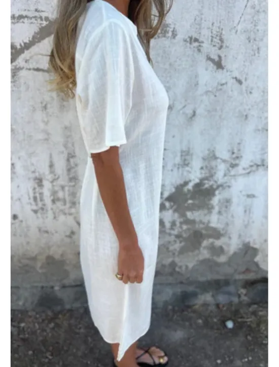 Online Women's Midi Dress Cotton Linen Dress Fashion Basic Daily Going out Beach Regular Fit Flower Short Sleeve V Neck White Yellow Pink Wine Summer Women White Dresses