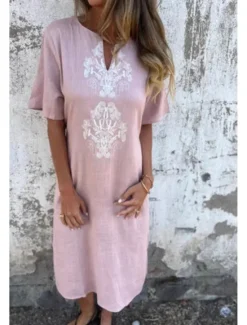 Online Women's Midi Dress Cotton Linen Dress Fashion Basic Daily Going out Beach Regular Fit Flower Short Sleeve V Neck White Yellow Pink Wine Summer Women White Dresses