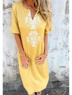 Online Women's Midi Dress Cotton Linen Dress Fashion Basic Daily Going out Beach Regular Fit Flower Short Sleeve V Neck White Yellow Pink Wine Summer Women White Dresses