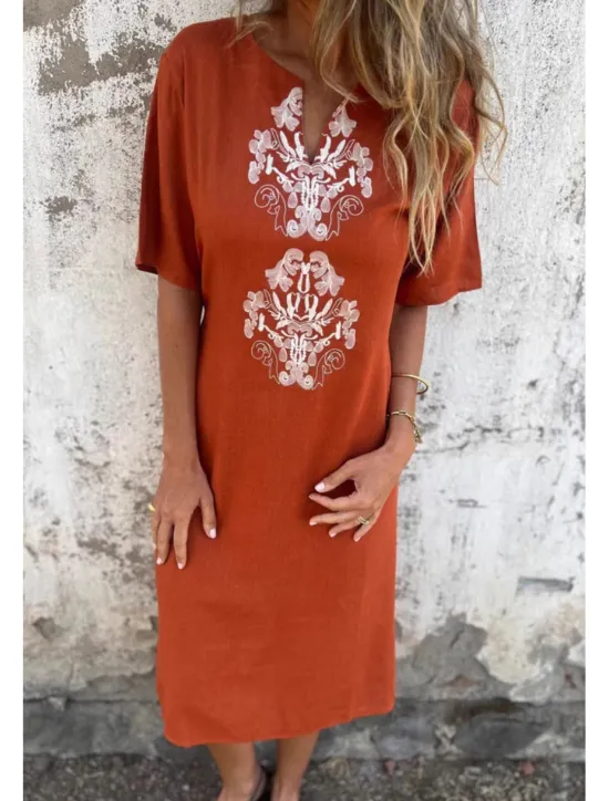 Online Women's Midi Dress Cotton Linen Dress Fashion Basic Daily Going out Beach Regular Fit Flower Short Sleeve V Neck White Yellow Pink Wine Summer Women White Dresses
