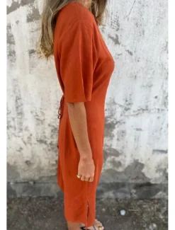 Online Women's Midi Dress Cotton Linen Dress Fashion Basic Daily Going out Beach Regular Fit Flower Short Sleeve V Neck White Yellow Pink Wine Summer Women White Dresses