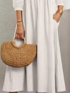 Outlet Women's Midi Dress Cotton Linen Dresses Casual Dress Basic Casual Vacation Daily Regular Fit Plain 3/4 Length Sleeve V Neck Black White Army Green Summer Women Dresses
