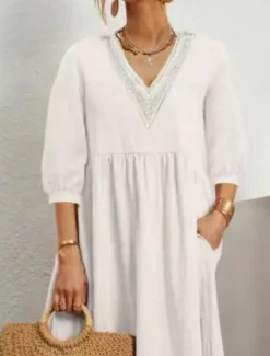 Outlet Women's Midi Dress Cotton Linen Dresses Casual Dress Basic Casual Vacation Daily Regular Fit Plain 3/4 Length Sleeve V Neck Black White Army Green Summer Women Dresses