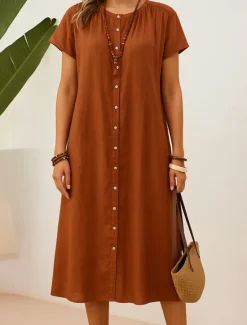 Clearance Women's Midi Dress Cotton Dress Summer Dress Casual Daily Regular Fit Plain Short Sleeve Crew Neck Black Brown Apricot Summer Women Casual Dress
