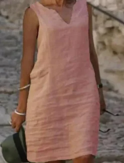 Clearance Women's Midi Dress Cotton Linen Dresses Casual Dress Cotton Linen Dress Shift Dress Basic Casual Vacation Daily Going out Regular Fit Pure Color Sleeveless Split Neck Yellow Pink Blue Green Summer Women Dresses