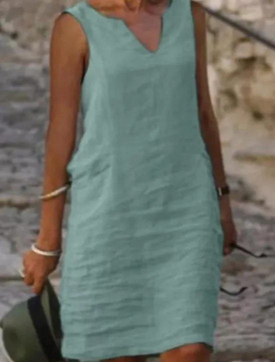 Clearance Women's Midi Dress Cotton Linen Dresses Casual Dress Cotton Linen Dress Shift Dress Basic Casual Vacation Daily Going out Regular Fit Pure Color Sleeveless Split Neck Yellow Pink Blue Green Summer Women Dresses