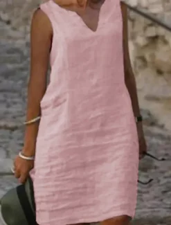 Clearance Women's Midi Dress Cotton Linen Dresses Casual Dress Cotton Linen Dress Shift Dress Basic Casual Vacation Daily Going out Regular Fit Pure Color Sleeveless Split Neck Yellow Pink Blue Green Summer Women Dresses