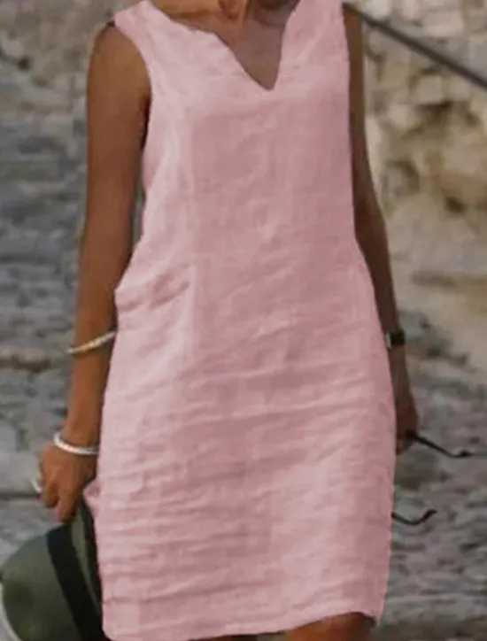 Clearance Women's Midi Dress Cotton Linen Dresses Casual Dress Cotton Linen Dress Shift Dress Basic Casual Vacation Daily Going out Regular Fit Pure Color Sleeveless Split Neck Yellow Pink Blue Green Summer Women Dresses