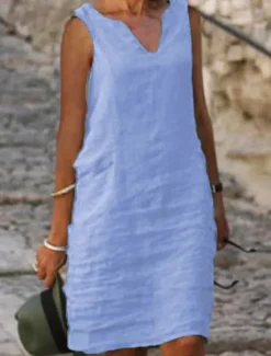 Clearance Women's Midi Dress Cotton Linen Dresses Casual Dress Cotton Linen Dress Shift Dress Basic Casual Vacation Daily Going out Regular Fit Pure Color Sleeveless Split Neck Yellow Pink Blue Green Summer Women Dresses