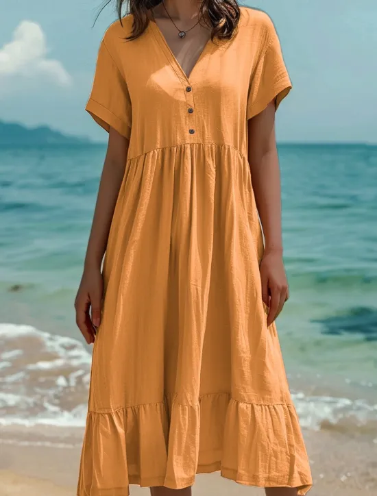 Hot Women's Midi Dress Cotton Linen Dresses Summer Dress Fashion Casual Daily Regular Fit Solid Color Short Sleeve V Neck Light Green Dark Green Orange Dark Grey Summer Women Dresses