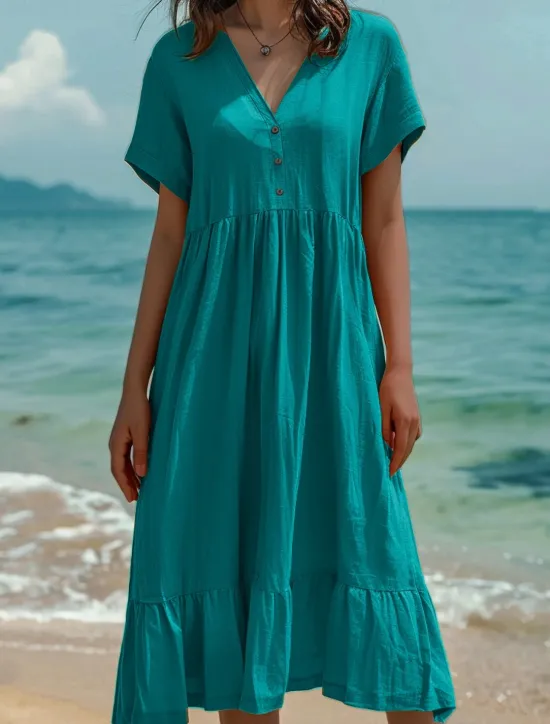 Hot Women's Midi Dress Cotton Linen Dresses Summer Dress Fashion Casual Daily Regular Fit Solid Color Short Sleeve V Neck Light Green Dark Green Orange Dark Grey Summer Women Dresses