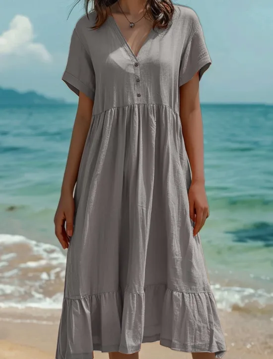 Hot Women's Midi Dress Cotton Linen Dresses Summer Dress Fashion Casual Daily Regular Fit Solid Color Short Sleeve V Neck Light Green Dark Green Orange Dark Grey Summer Women Dresses