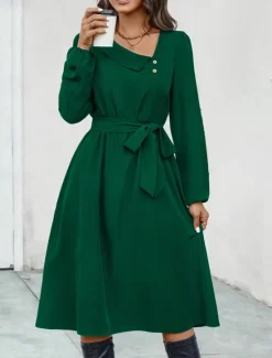 Online Women's Midi Dress Elegant Dark Green Long Sleeve Belted V-Neck Button Detail Work Casual A-line Flowy Versatile Autumn Spring Clothing Apparel Women Work Dresses