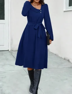 Online Women's Midi Dress Elegant Dark Green Long Sleeve Belted V-Neck Button Detail Work Casual A-line Flowy Versatile Autumn Spring Clothing Apparel Women Work Dresses