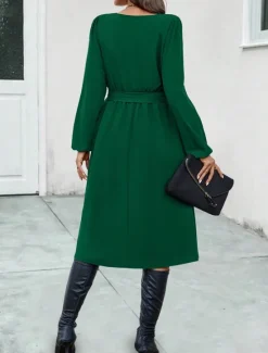 Online Women's Midi Dress Elegant Dark Green Long Sleeve Belted V-Neck Button Detail Work Casual A-line Flowy Versatile Autumn Spring Clothing Apparel Women Work Dresses