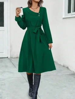 Online Women's Midi Dress Elegant Dark Green Long Sleeve Belted V-Neck Button Detail Work Casual A-line Flowy Versatile Autumn Spring Clothing Apparel Women Work Dresses