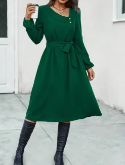 Online Women's Midi Dress Elegant Dark Green Long Sleeve Belted V-Neck Button Detail Work Casual A-line Flowy Versatile Autumn Spring Clothing Apparel Women Work Dresses