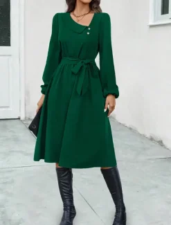 Online Women's Midi Dress Elegant Dark Green Long Sleeve Belted V-Neck Button Detail Work Casual A-line Flowy Versatile Autumn Spring Clothing Apparel Women Work Dresses