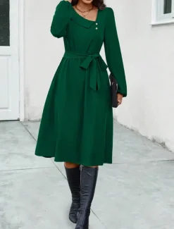 Online Women's Midi Dress Elegant Dark Green Long Sleeve Belted V-Neck Button Detail Work Casual A-line Flowy Versatile Autumn Spring Clothing Apparel Women Work Dresses