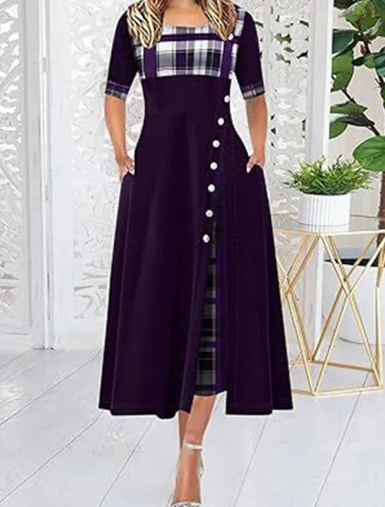 Discount Women's Midi Dress Elegant Dress Elegant Stylish Vacation Party Regular Fit Plaid Short Sleeve Crew Neck Black Yellow Wine Purple Summer Spring Women Work Dresses