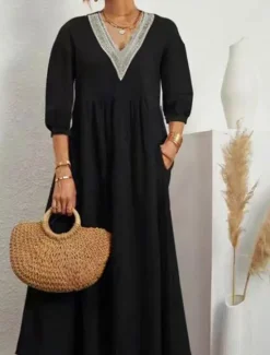 New Women's Midi Dress Elegant Vintage Stylish Lantern Sleeve Vacation Daily Regular Fit Plain 3/4 Length Sleeve V Neck Black White Summer Spring Fall Women T Shirt Dresses