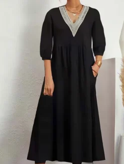 New Women's Midi Dress Elegant Vintage Stylish Lantern Sleeve Vacation Daily Regular Fit Plain 3/4 Length Sleeve V Neck Black White Summer Spring Fall Women T Shirt Dresses