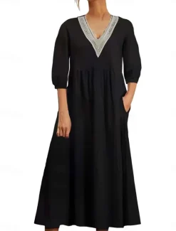 New Women's Midi Dress Elegant Vintage Stylish Lantern Sleeve Vacation Daily Regular Fit Plain 3/4 Length Sleeve V Neck Black White Summer Spring Fall Women T Shirt Dresses