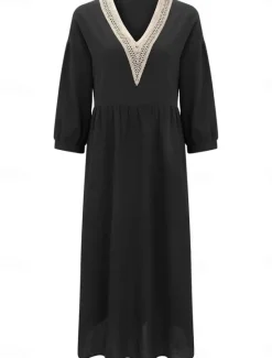 New Women's Midi Dress Elegant Vintage Stylish Lantern Sleeve Vacation Daily Regular Fit Plain 3/4 Length Sleeve V Neck Black White Summer Spring Fall Women T Shirt Dresses