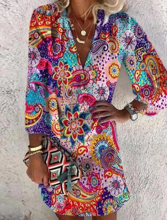 Best Women's Midi Dress Ethnic Dress Long Sleeve Boho Dress Boho Dress Print Dress Bohemia Active Fashion Outdoor Daily Holiday Loose Fit Paisley V Neck Red Green Summer Spring Women Floral Dresses|Spring Dresses