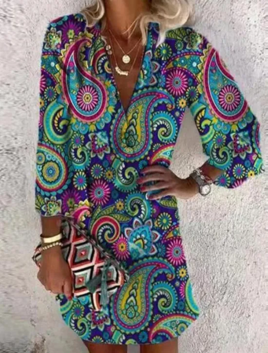 Best Women's Midi Dress Ethnic Dress Long Sleeve Boho Dress Boho Dress Print Dress Bohemia Active Fashion Outdoor Daily Holiday Loose Fit Paisley V Neck Red Green Summer Spring Women Floral Dresses|Spring Dresses