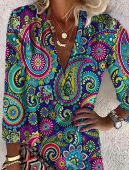 Best Women's Midi Dress Ethnic Dress Long Sleeve Boho Dress Boho Dress Print Dress Bohemia Active Fashion Outdoor Daily Holiday Loose Fit Paisley V Neck Red Green Summer Spring Women Floral Dresses|Spring Dresses