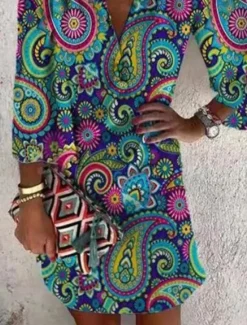 Best Women's Midi Dress Ethnic Dress Long Sleeve Boho Dress Boho Dress Print Dress Bohemia Active Fashion Outdoor Daily Holiday Loose Fit Paisley V Neck Red Green Summer Spring Women Floral Dresses|Spring Dresses
