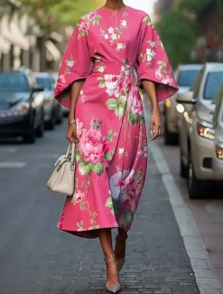 Outlet Women's Midi Dress Floral Dress Print Dress Classic Modern Vacation Daily Holiday Regular Fit Flower Half Sleeve Crew Neck White Yellow Pink Summer Women Floral Dresses