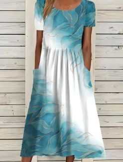 Best Women's Midi Dress Floral Pocket Print Crew Neck Daily Date Short Sleeve Summer Spring Women Casual Dress