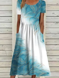 Best Women's Midi Dress Floral Pocket Print Crew Neck Daily Date Short Sleeve Summer Spring Women Casual Dress