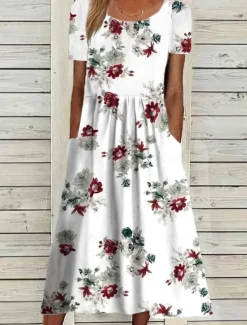 Best Women's Midi Dress Floral Pocket Print Crew Neck Daily Date Short Sleeve Summer Spring Women Casual Dress