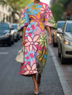 Best Women's Midi Dress Floral Dress Print Dress Elegant Fashion Outdoor Vacation Going out Regular Fit Flower Half Sleeve Crew Neck Pink Peach Green Dark Blue Summer Women Floral Dresses
