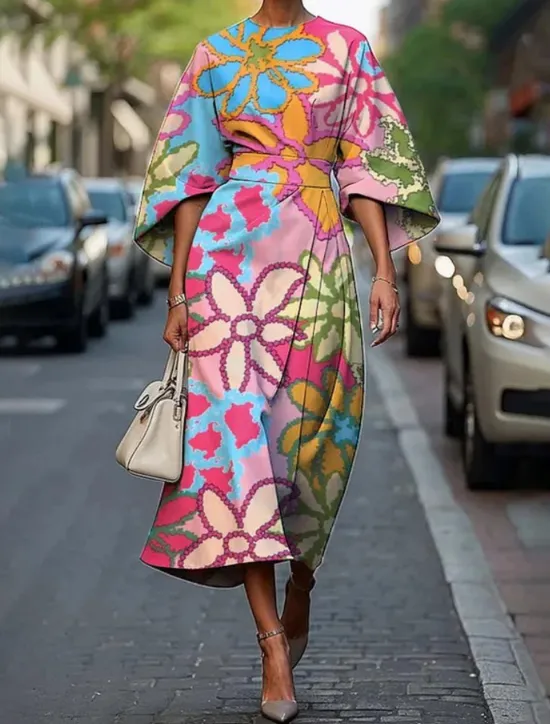 Best Women's Midi Dress Floral Dress Print Dress Elegant Fashion Outdoor Vacation Going out Regular Fit Flower Half Sleeve Crew Neck Pink Peach Green Dark Blue Summer Women Floral Dresses