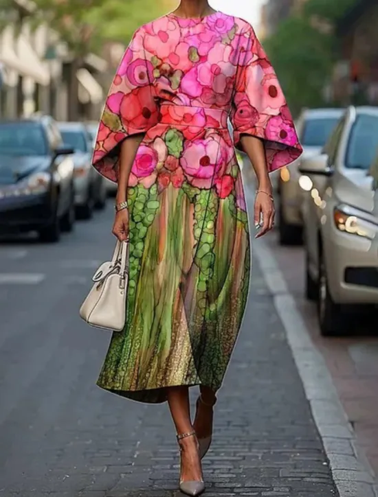 Best Women's Midi Dress Floral Dress Print Dress Elegant Fashion Outdoor Vacation Going out Regular Fit Flower Half Sleeve Crew Neck Pink Peach Green Dark Blue Summer Women Floral Dresses
