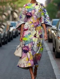 Best Women's Midi Dress Floral Dress Print Dress Elegant Fashion Outdoor Vacation Going out Regular Fit Flower Half Sleeve Crew Neck Pink Peach Green Dark Blue Summer Women Floral Dresses