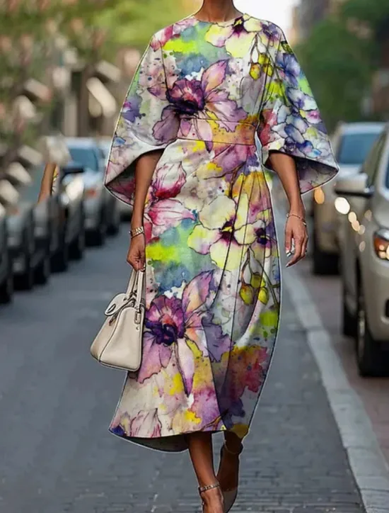 Best Women's Midi Dress Floral Dress Print Dress Elegant Fashion Outdoor Vacation Going out Regular Fit Flower Half Sleeve Crew Neck Pink Peach Green Dark Blue Summer Women Floral Dresses