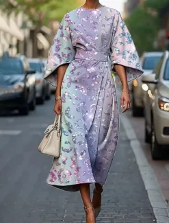 Hot Women's Midi Dress Floral Dress Print Dress Elegant Fashion Outdoor Vacation Going out Regular Fit Flower Half Sleeve Crew Neck Light Purple Purple Fuchsia Summer Women Floral Dresses